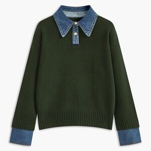 NEW Commense | Green Lapel Sweater with Denim Collar and Cuffs